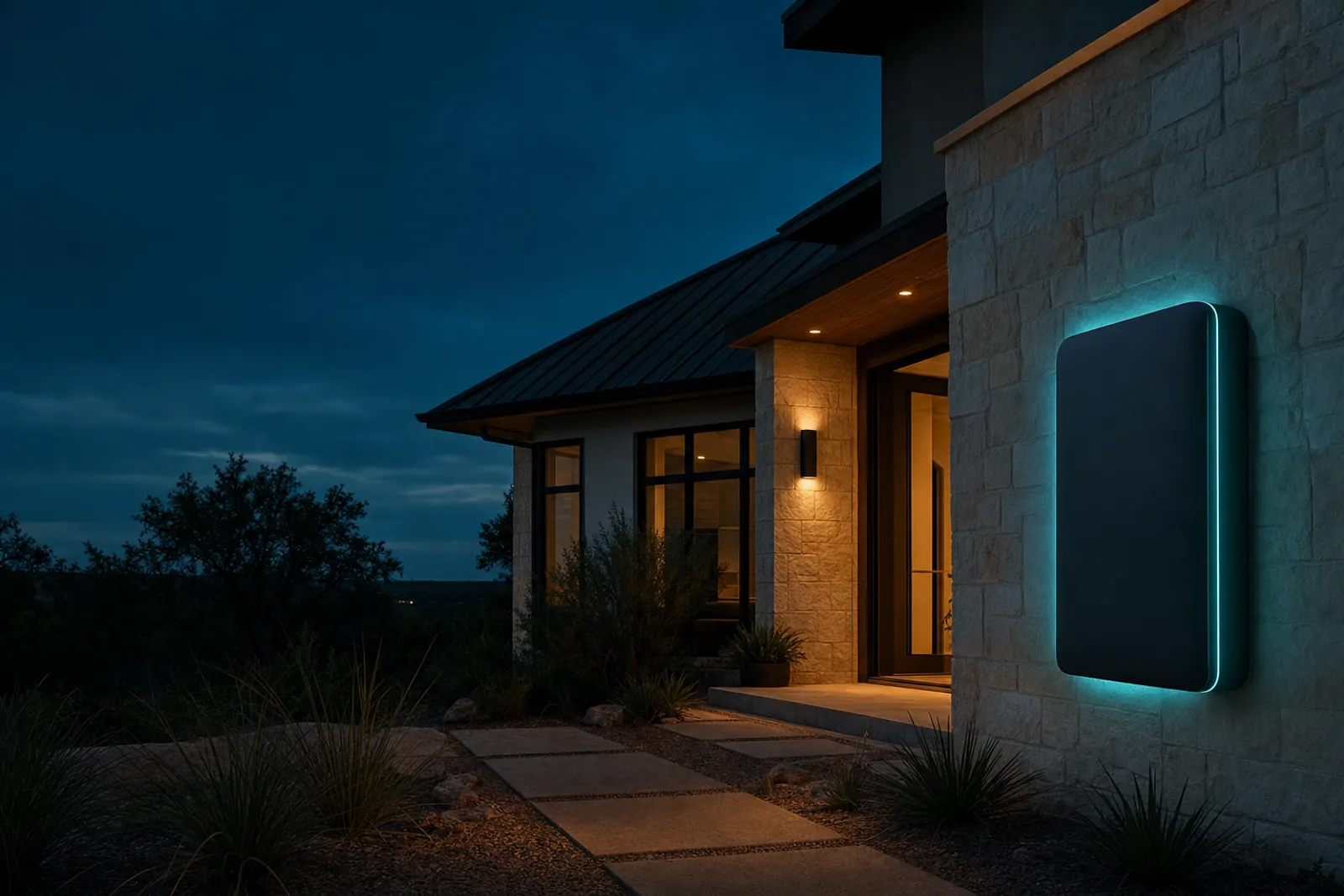 A modern Texas home at dusk with the interior lights on and a wall-mounted home battery.